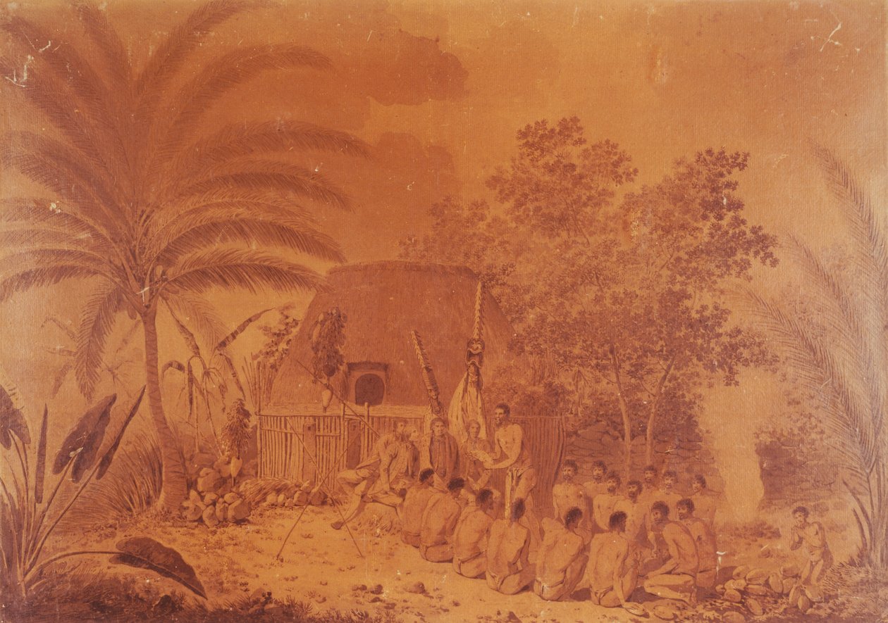 Felajánlások James Cook kapitánynak, John Webber metszete, Polinézia 18. század. alkotó: John Webber