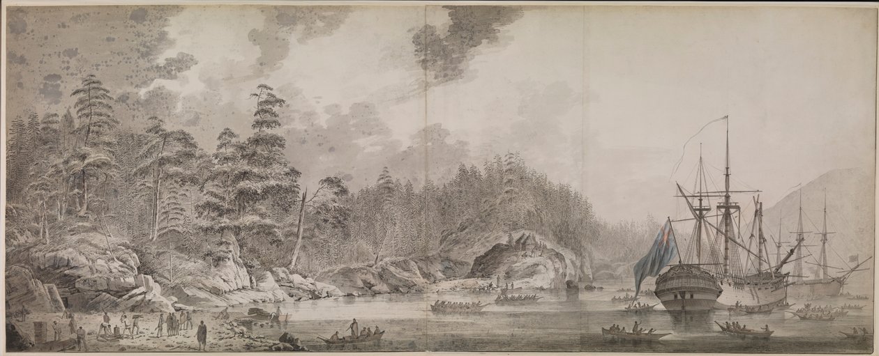 "Resolution" és "Discovery" a Ship Cove-ban, Nootka Soundban alkotó: John Webber