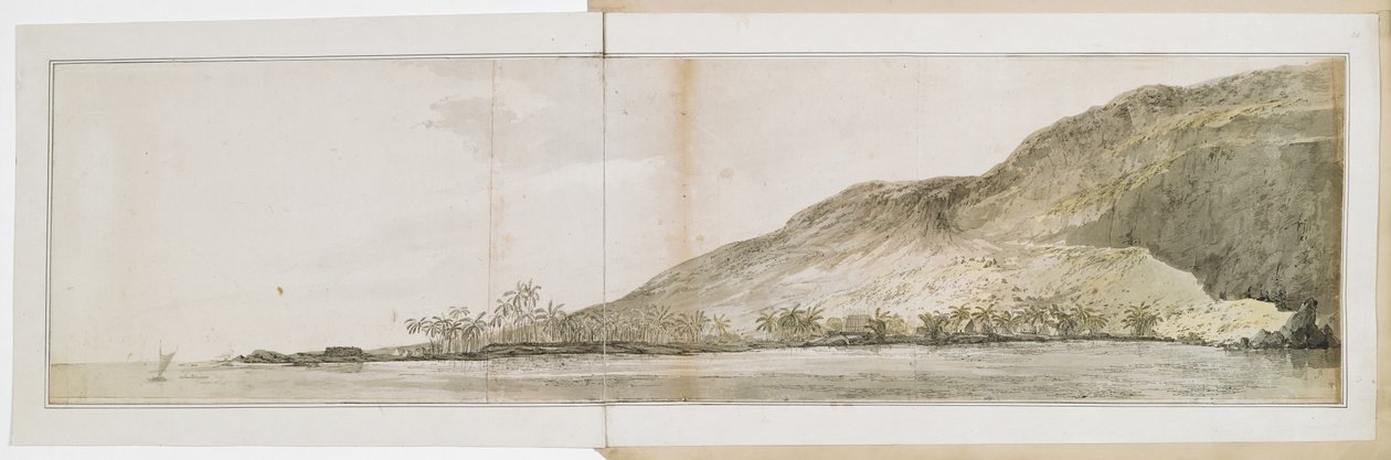 Kilátás a Kealakekua-öböl északi pontjára, Hawaii szigetén, a „Resolution”-ból. A Hawaii-szigeteken 1779. január 17. és február 23. között tett látogatása során készült, ahol Cook kapitányt február 14-én, a harmadik utazás során megölték. alkotó: John Webber