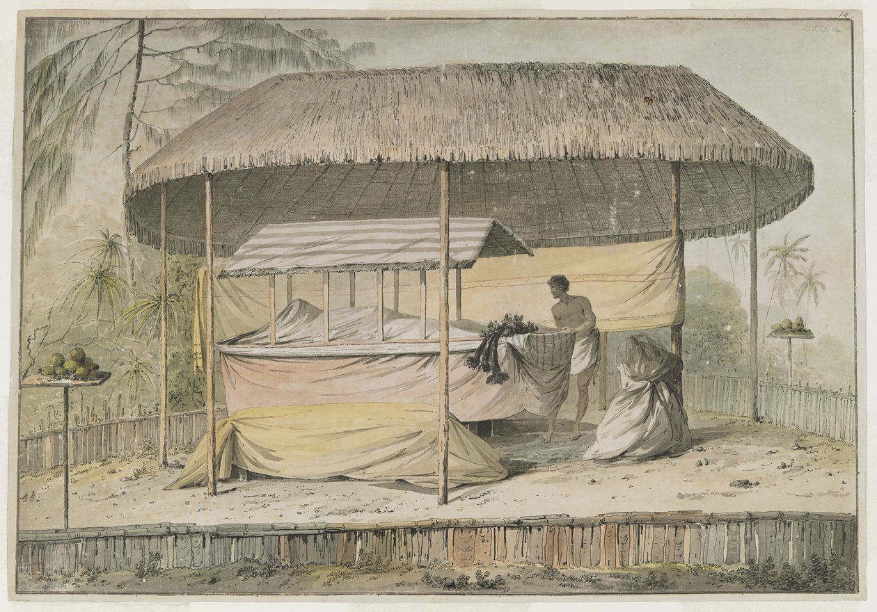 Waheiadooa, Oheitepeha főnöke, fekve fekszik, Cook kapitány 1777. augusztus 19-i tahiti látogatása során rögzítette. Egy temetési színpad támogatja a burkolt holttestet és egy kísérőt. Gyeptetős napellenző védi őket, és alacsony p alkotó: John Webber