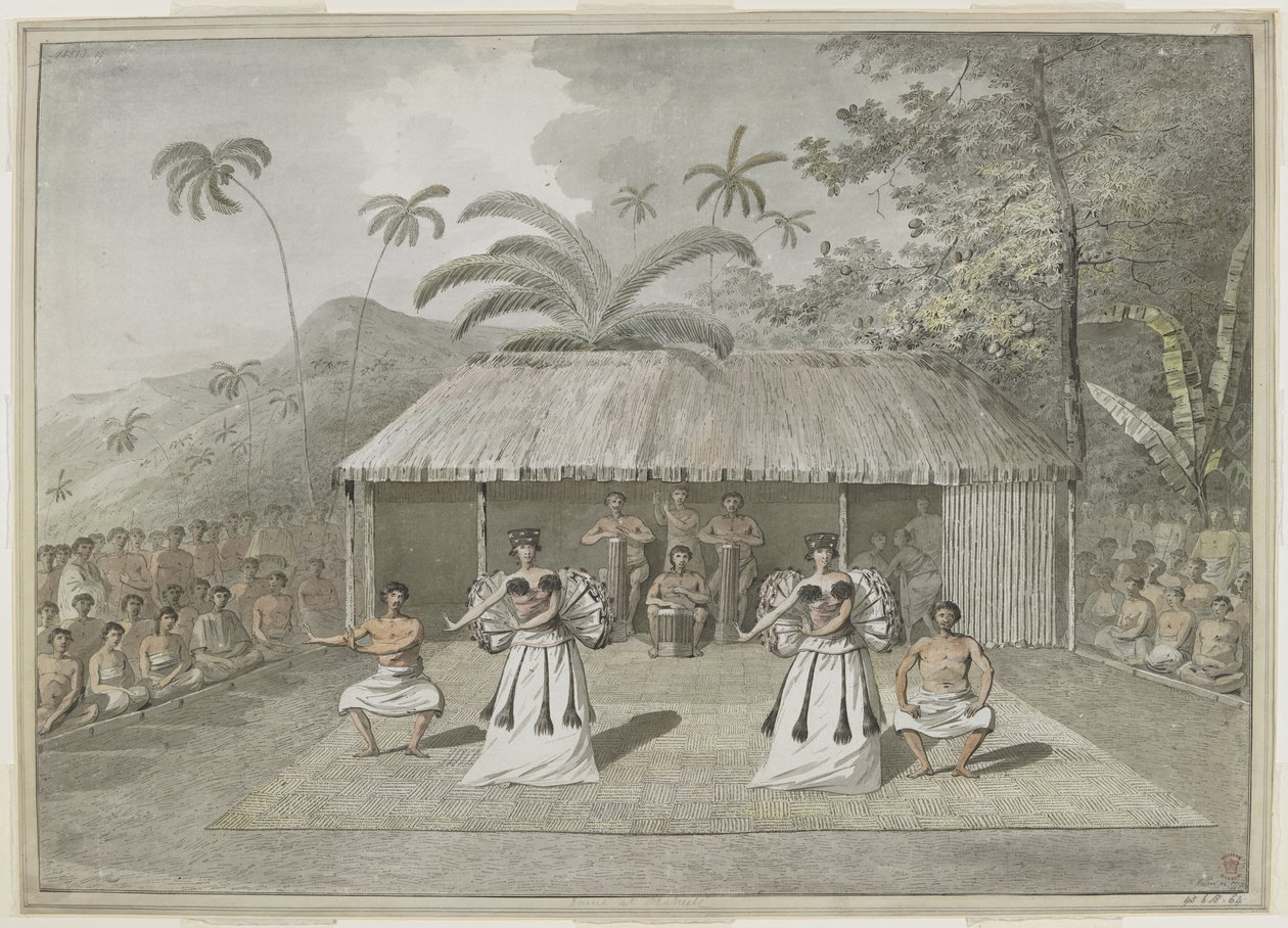 [Az egész rajz] Tánc vagy heiva az Otaheitében [Tahiti]. Két férfi és két nő táncol, mögöttük dobosok és nézők mindkét oldalon. 1777 szeptembere alkotó: John Webber