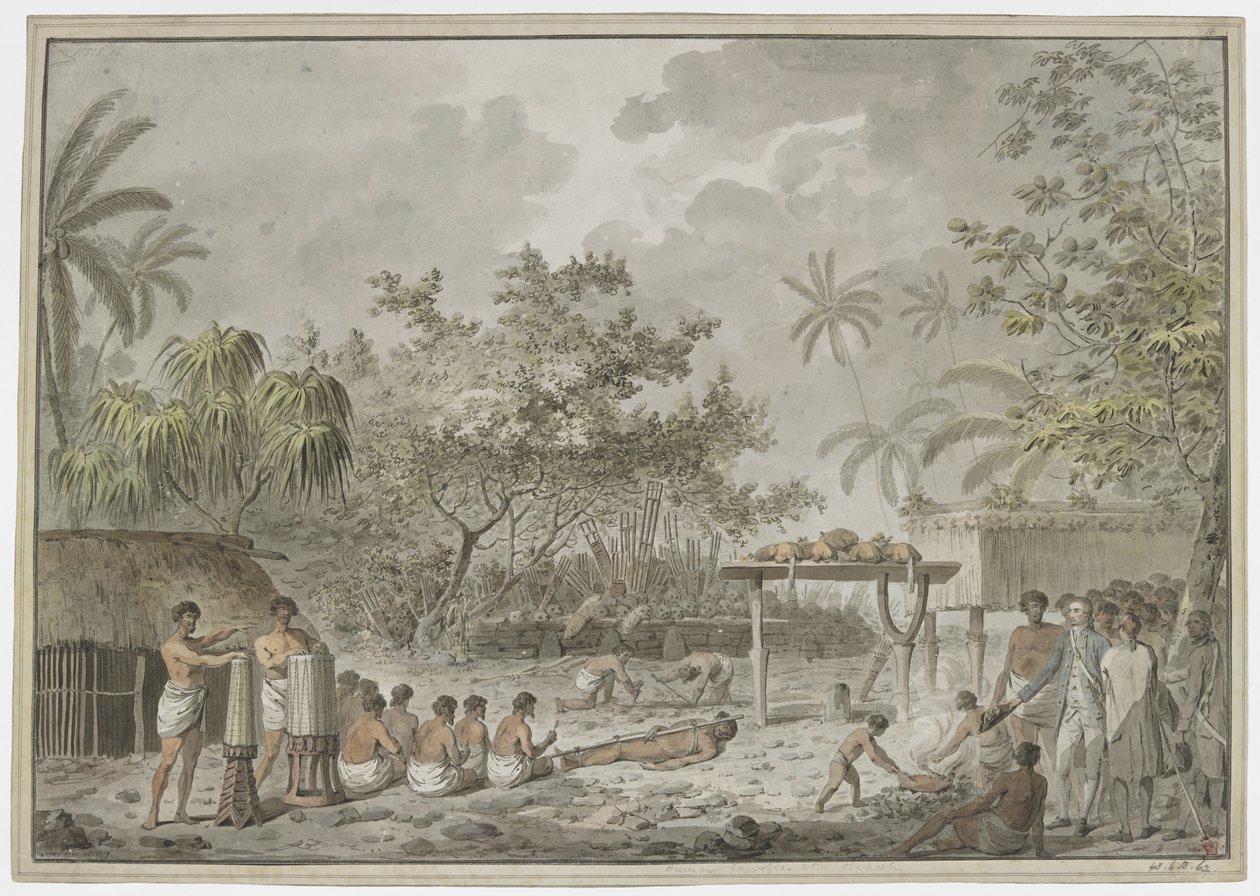 [Teljes rajz] Emberáldozat a Tahiti állambeli Attahouroo [Utuaimahurau] nagy morájánál, Cook kapitány szemtanúja volt 1777. szeptember 1-jén. Egy megkötözött alak az előtérben, mögötte férfiak ásnak lyukat a test számára, a mittában pedig két kutya van és  alkotó: John Webber