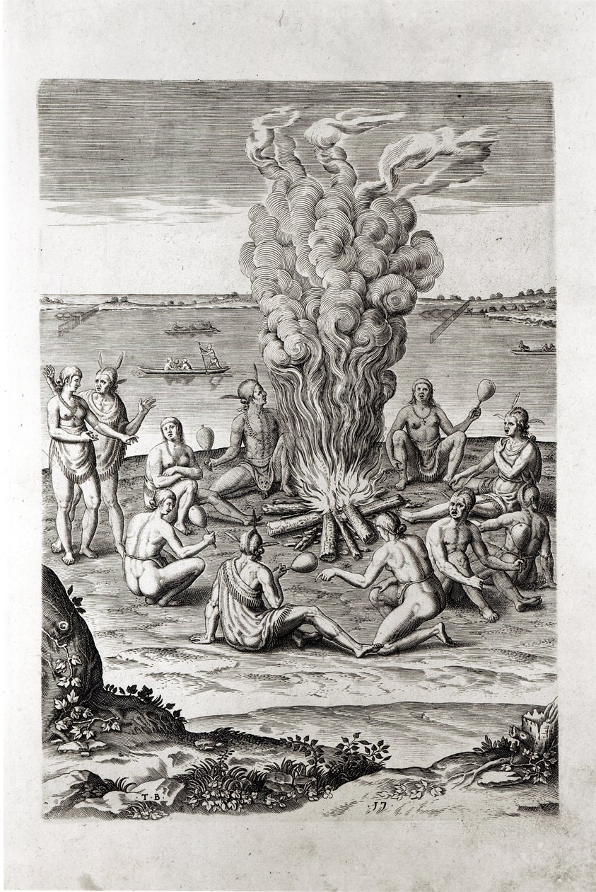 Indiánok imádkoznak a tűz körül, metszet Hariot "A Briefe and True Report of...Virginia" című művéből, 1590, vésette Theodor de Bry (1528-98) alkotó: John White