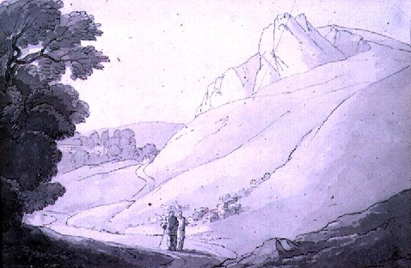 Dombos táj két alakkal (toll, tus és akvarell) alkotó: John White Abbott