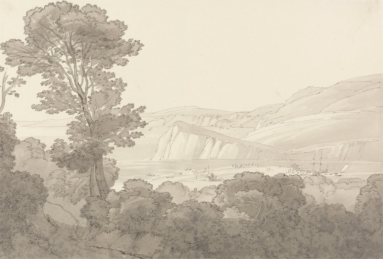 Kilátás egy erdőből, kilátással a folyóra és a dombokra Teignmouthban, Devonban alkotó: John White Abbott