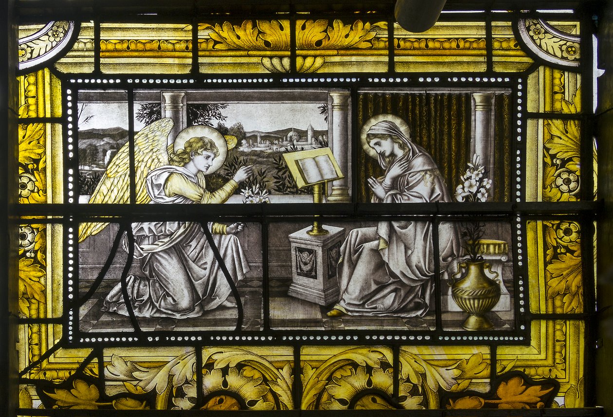 Oxford, Trinity College, James Powell & Sons, John William Brown (1842-1928), Angyali üdvözlet, 1885 alkotó: John William Brown