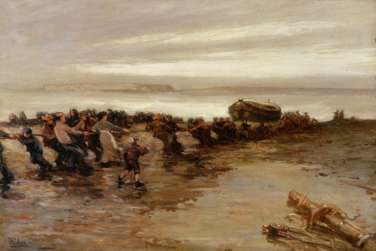 A mentőcsónak felhúzása, Holy Island, 1910-20 körül alkotó: John William Gilroy