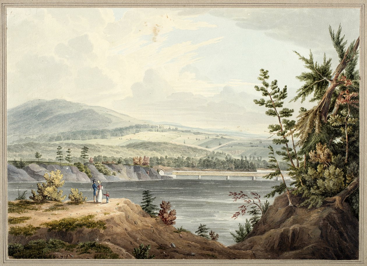 Hudson River Bridge Waterford közelében, New York államban, 1832 (akvarell, gouache, szelektív üvegezés, grafit és karcolás a kártyára fektetett papíron) alkotó: John William Hill