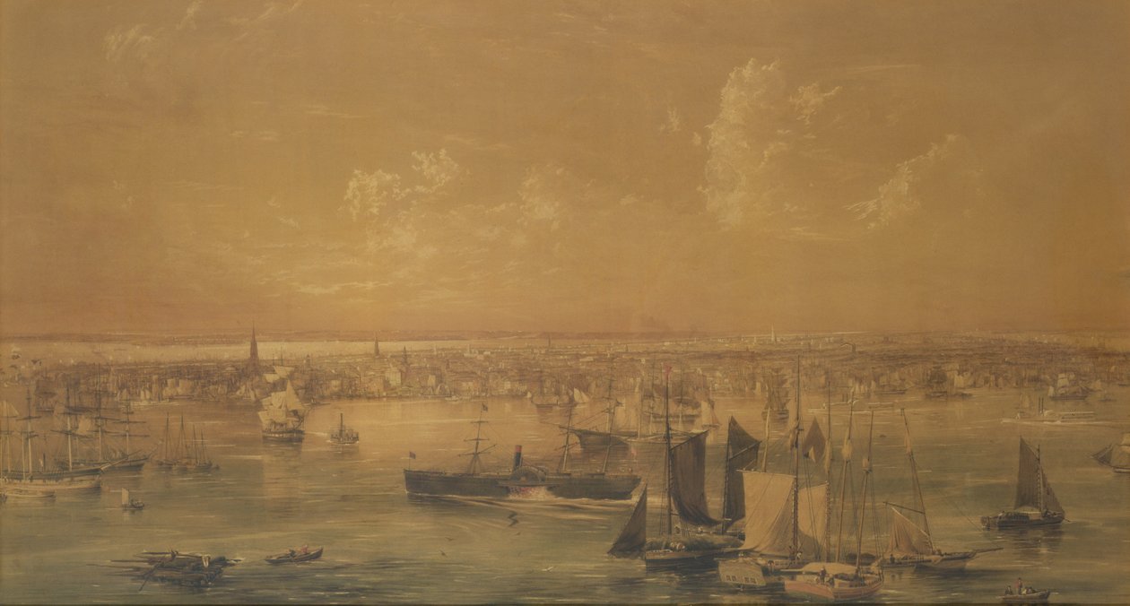 New York az East River felől, 1852 (mosás, gouache és grafit) alkotó: John William Hill