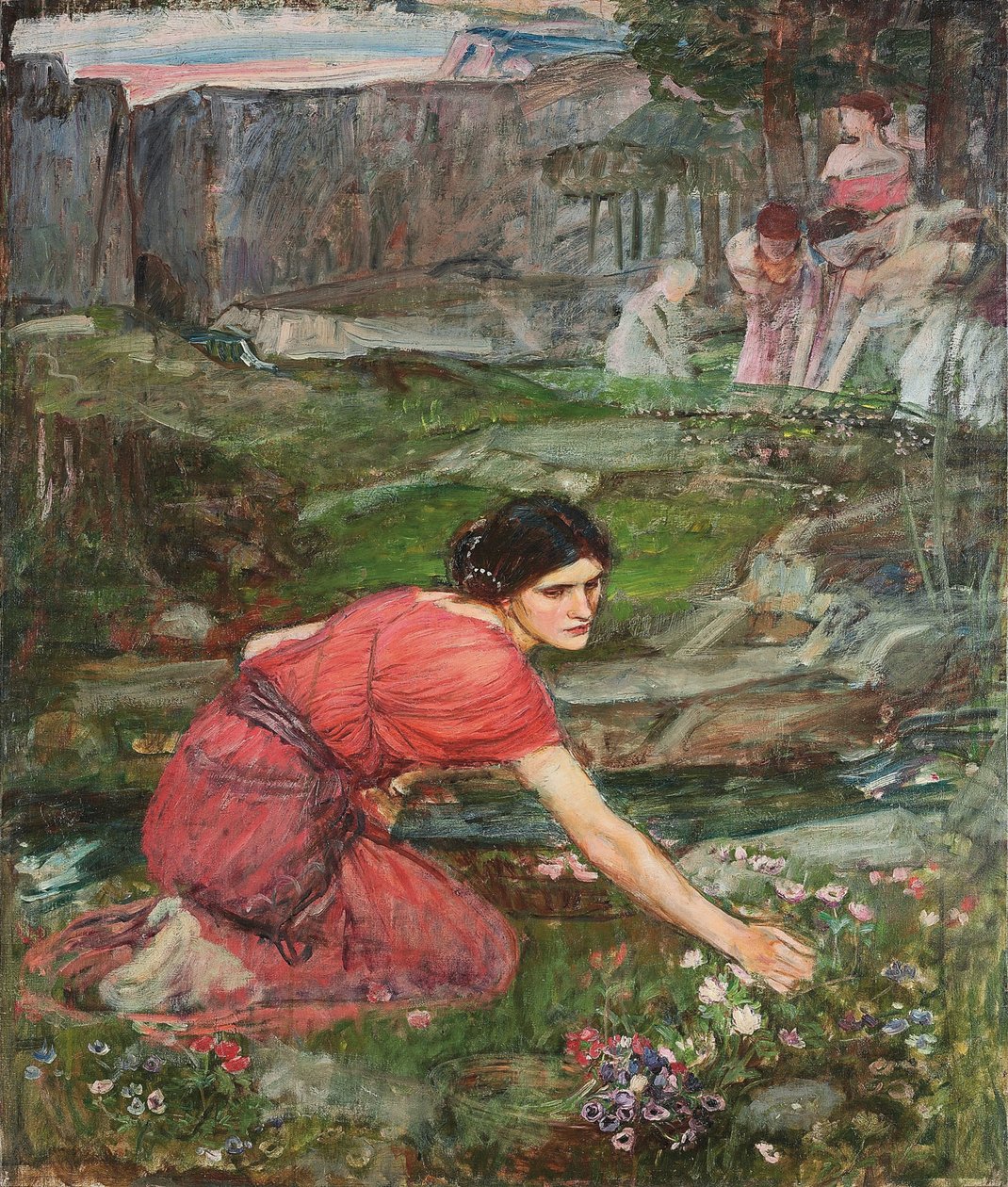 Egy tanulmány: Virágszedő lányok patak mellett, c. 1909-1914 alkotó: John William Waterhouse