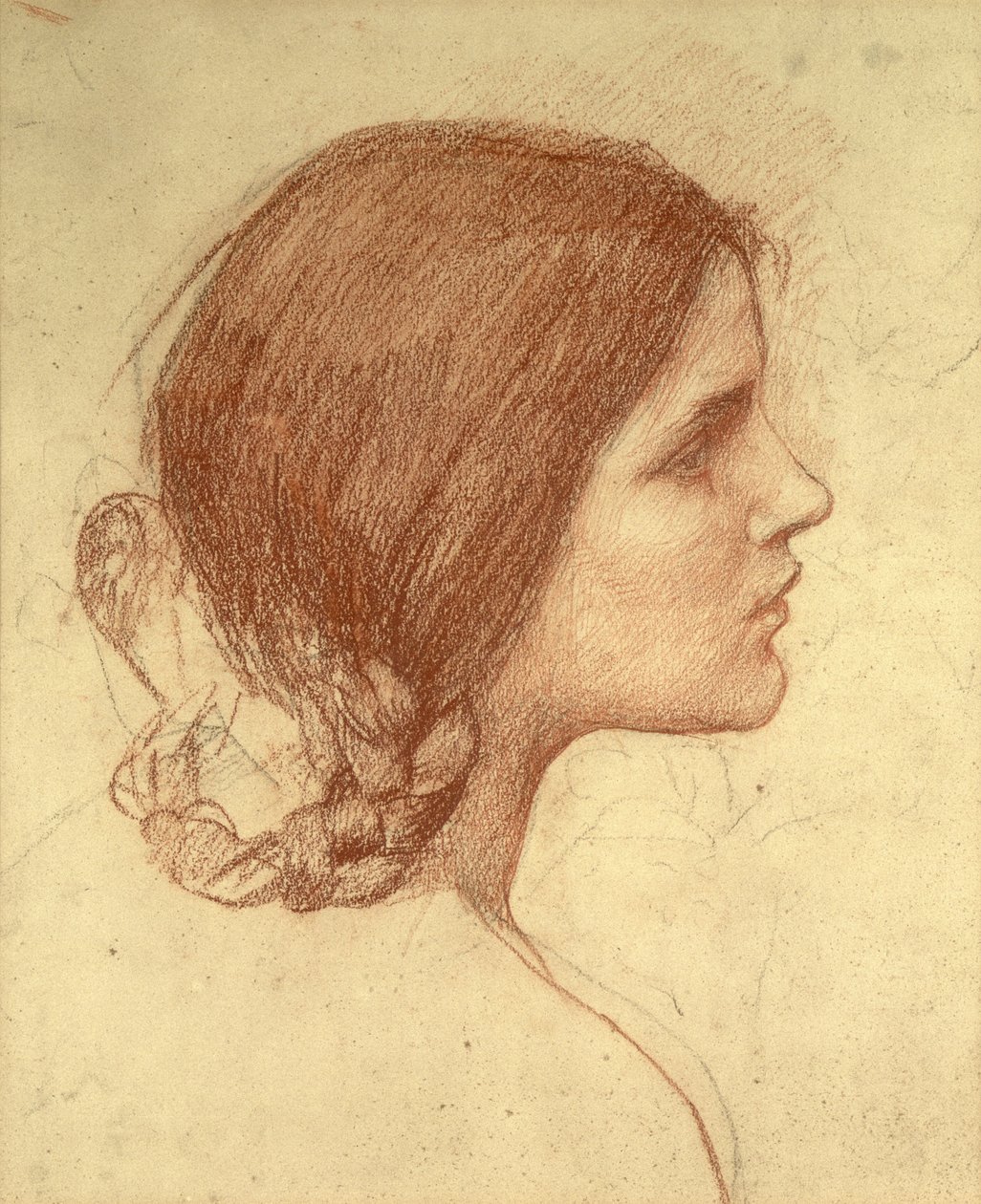 Egy lány feje, 1905 körül (piros kréta papíron) alkotó: John William Waterhouse