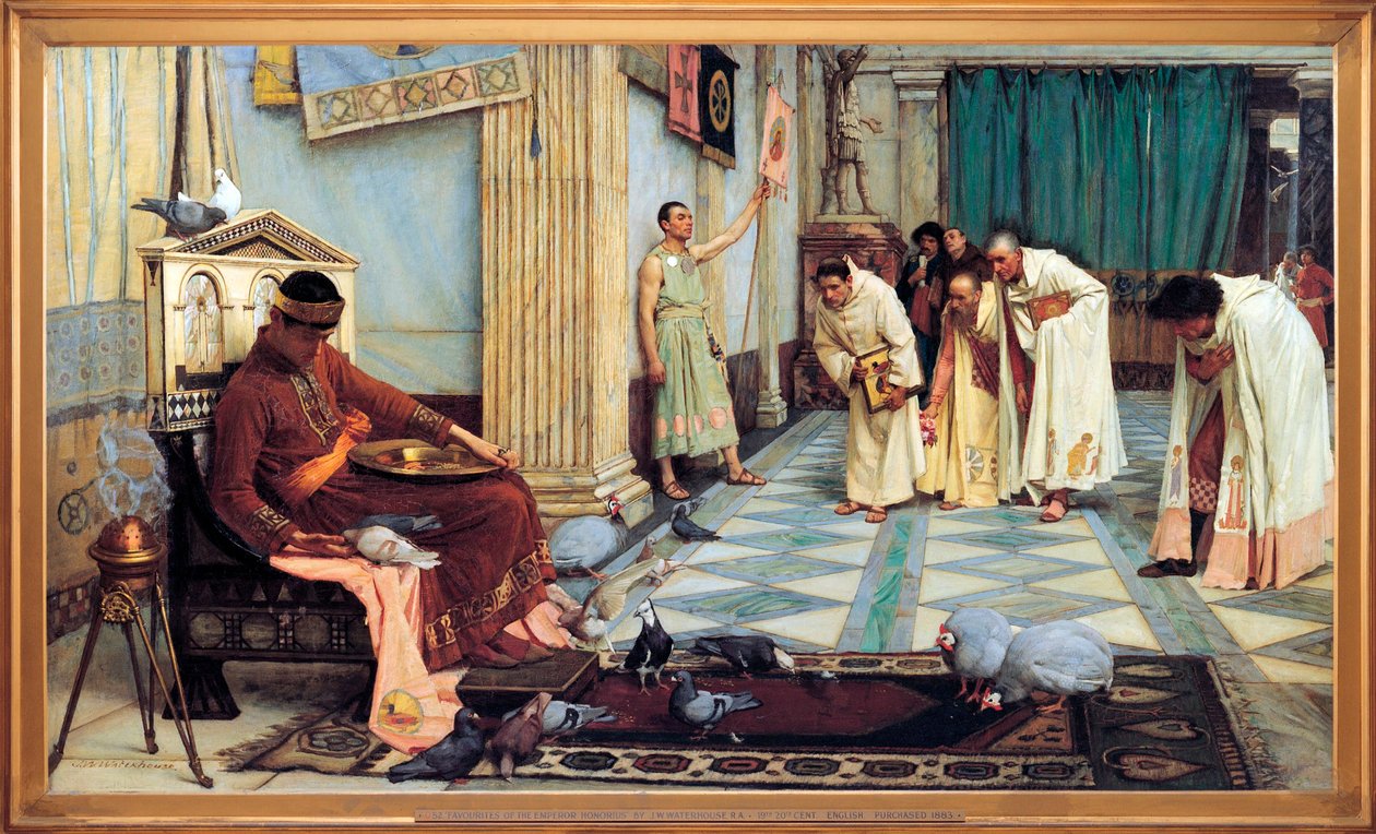 ""Honorius (384-423) nyugat-római császár kedvencei"" A császár ábrázolása, amint madarait eteti, miközben tanácsadói alázatosan meghajolnak - John William Waterhouse (1849-1917) festménye 1883 Dél-ausztráliai Művészeti Galéria A alkotó: John William Waterhouse