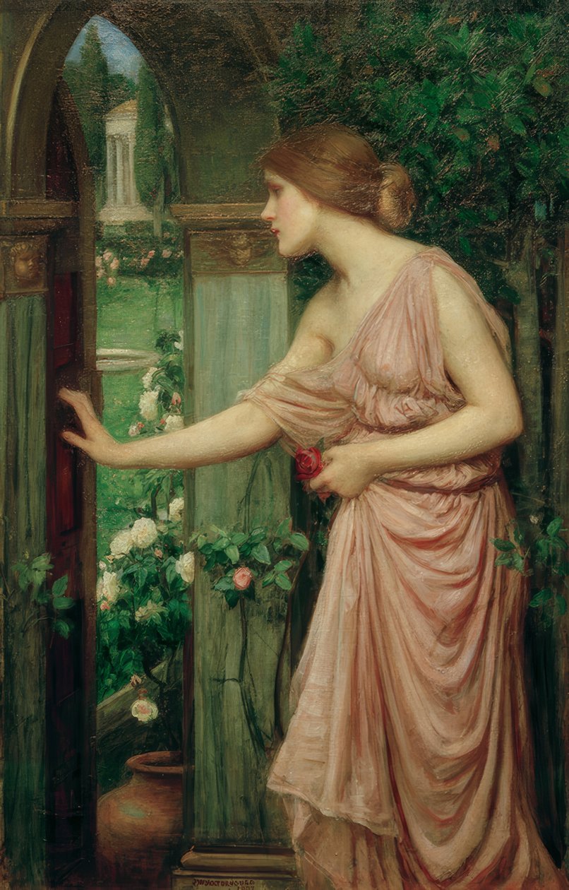 A psziché megnyitja az ajtót Ámor kertjébe alkotó: John William Waterhouse