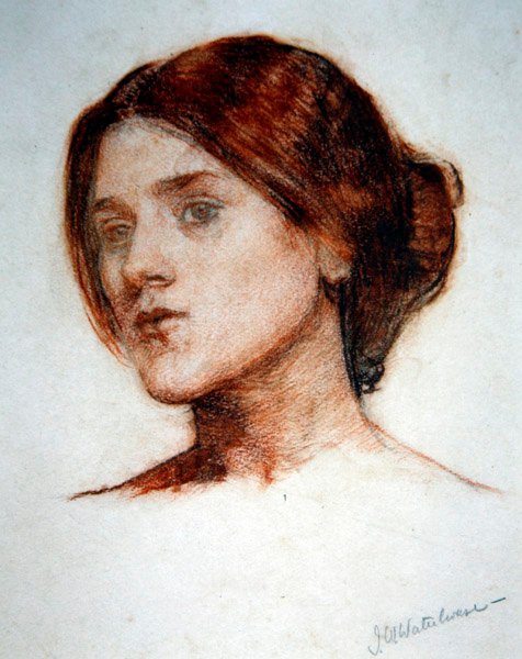 Tanulmány egy lány fejéről a „The Rose Bower”-hez, 1910 körül (piros zsírkréta és ceruza papíron) alkotó: John William Waterhouse