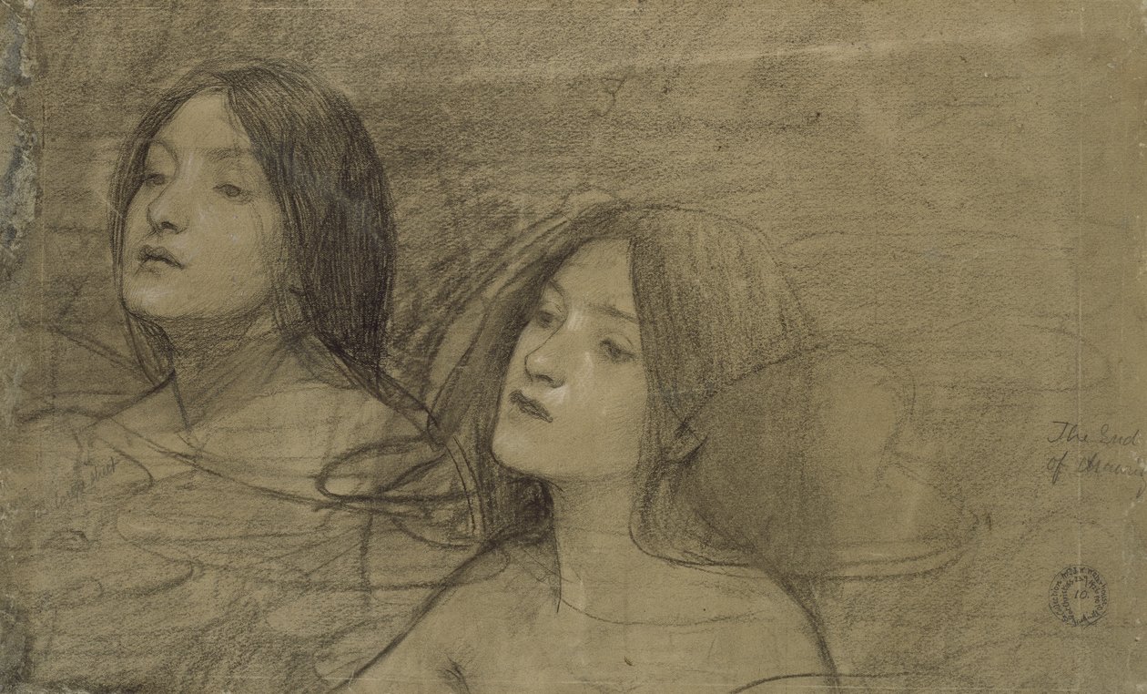 Tanulmány két nimfáról a „Hylas és a nimfák” számára (fekete kréta némi kiemeléssel egy fakó szürke papíron) alkotó: John William Waterhouse