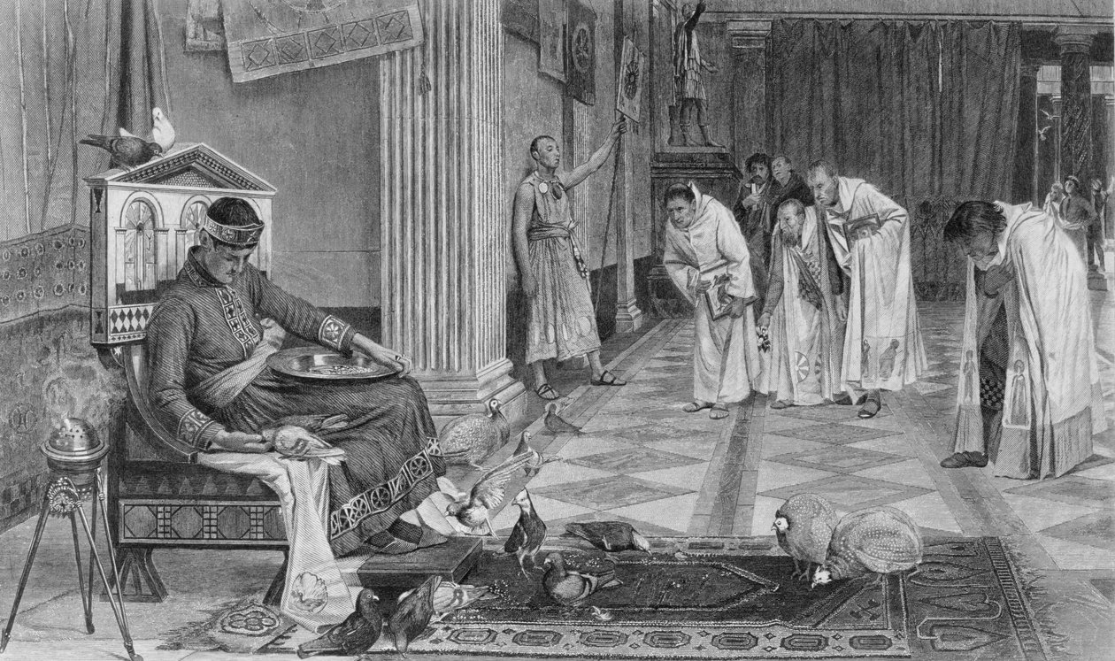 Honorius császár kedvencei, J. Stephenson metszete alkotó: John William Waterhouse