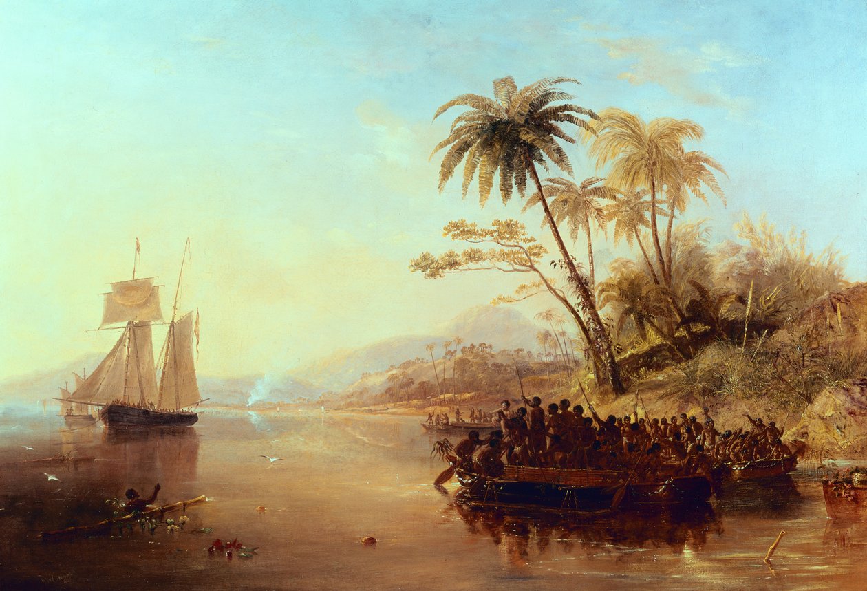 Brit földmérőhajó a Csendes-óceán déli részén, amelyet a szigetlakók üdvözöltek az Outrigger Canoesben, 1840 körül alkotó: John Wilson Carmichael