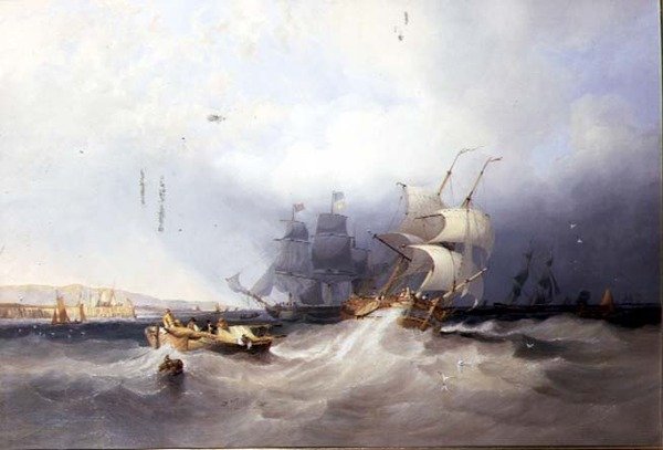 Egy holland dandár a kikötőben és egyéb szállítások egy keleti part kikötőjénél alkotó: John Wilson Carmichael