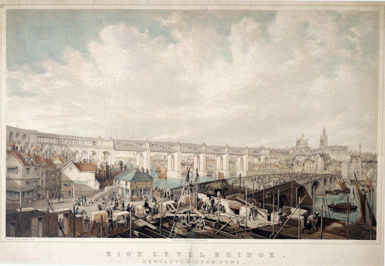 High Level Bridge, Newcastle upon Tyne, metszett George Hawkins (1819-52) (kézzel színezett litó) alkotó: John Wilson Carmichael