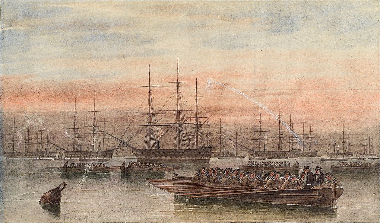 A balti flotta éjszaka, előtérben a hajóhordozókkal alkotó: John Wilson Carmichael