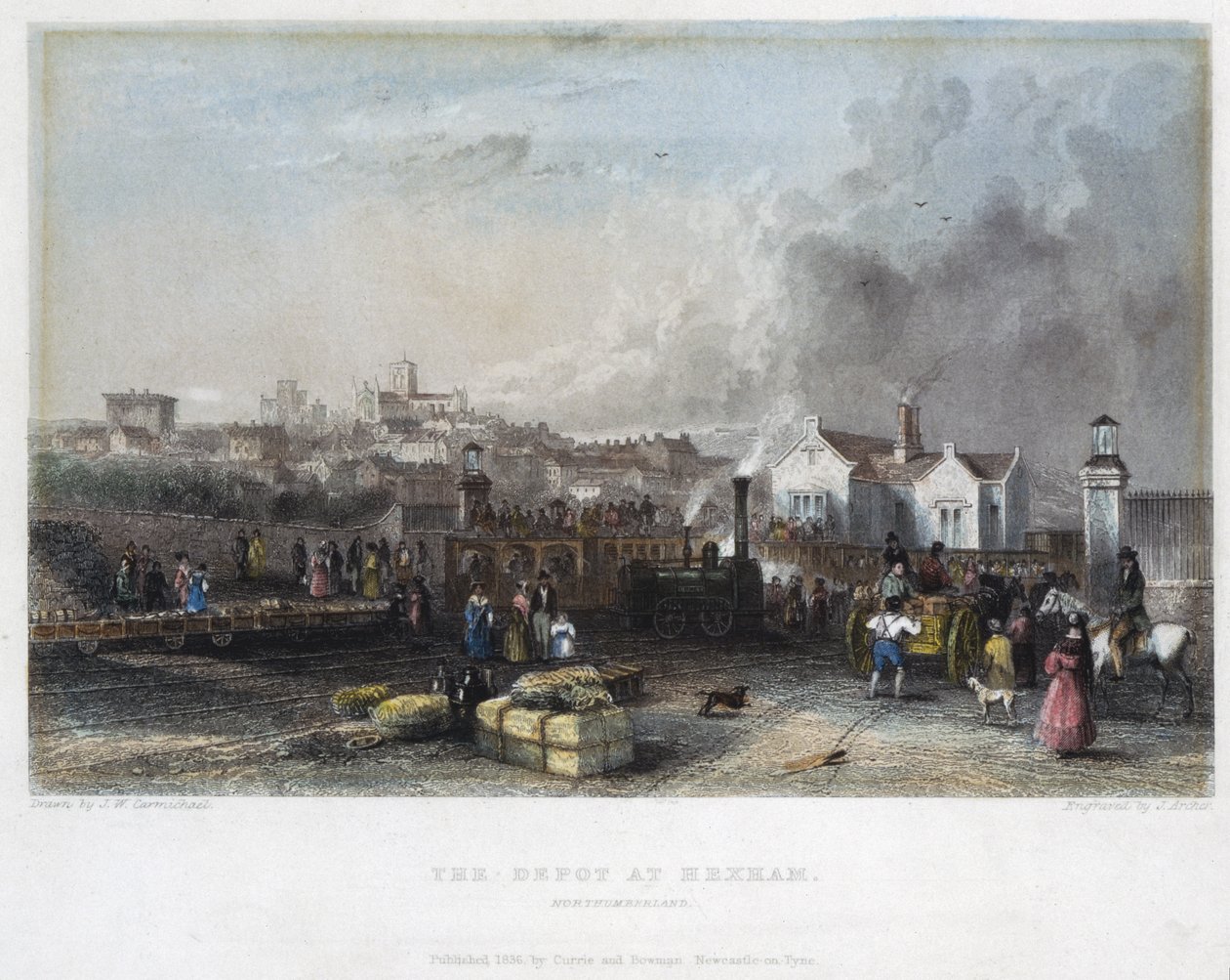 The Depot at Hexham, Newcastle and Carlisle Railway, metszett J. Archer, 1836 alkotó: John Wilson Carmichael