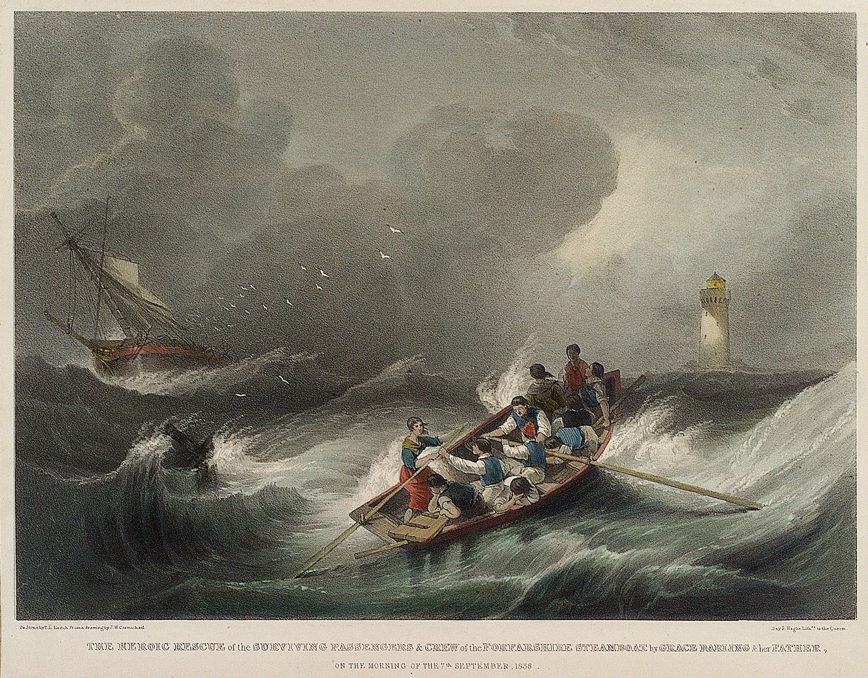 A Forfarshire gőzhajó utasainak és legénységének hősies megmentése Grace Darling és apja által szeptember 7-én reggel. alkotó: John Wilson Carmichael