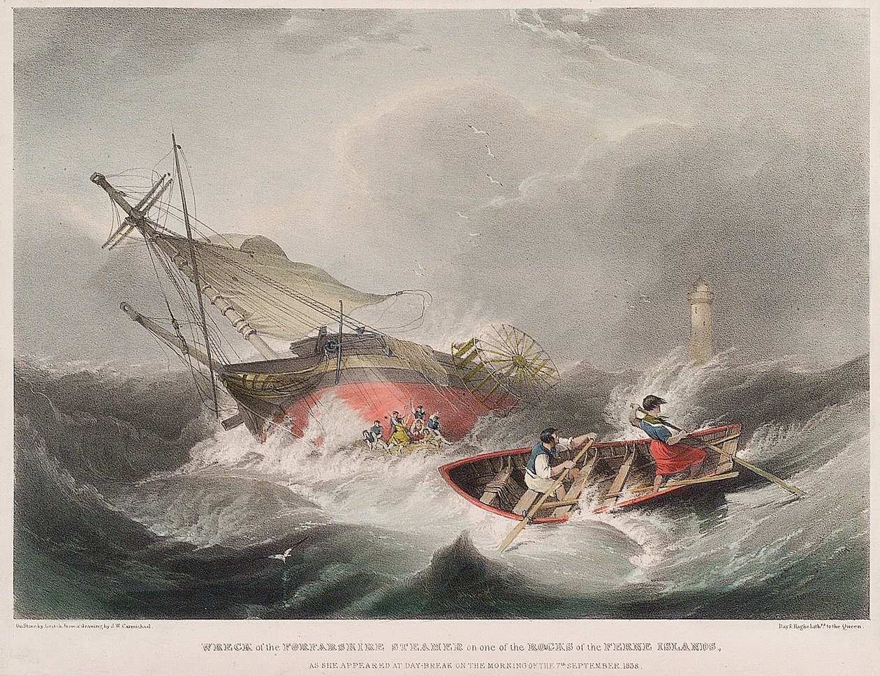 A Forfarshire gőzhajó elsüllyedése a Farne-szigetek (Anglia) szikláin, ahogyan az szeptember 7-én napkeltekor látszott. alkotó: John Wilson Carmichael