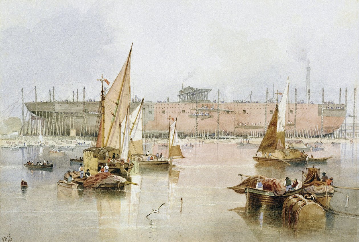 A "Great Eastern" transzatlanti járat 1857-ben, az építés befejezése előtt, Millwallban, a Temzén (Anglia). alkotó: John Wilson Carmichael