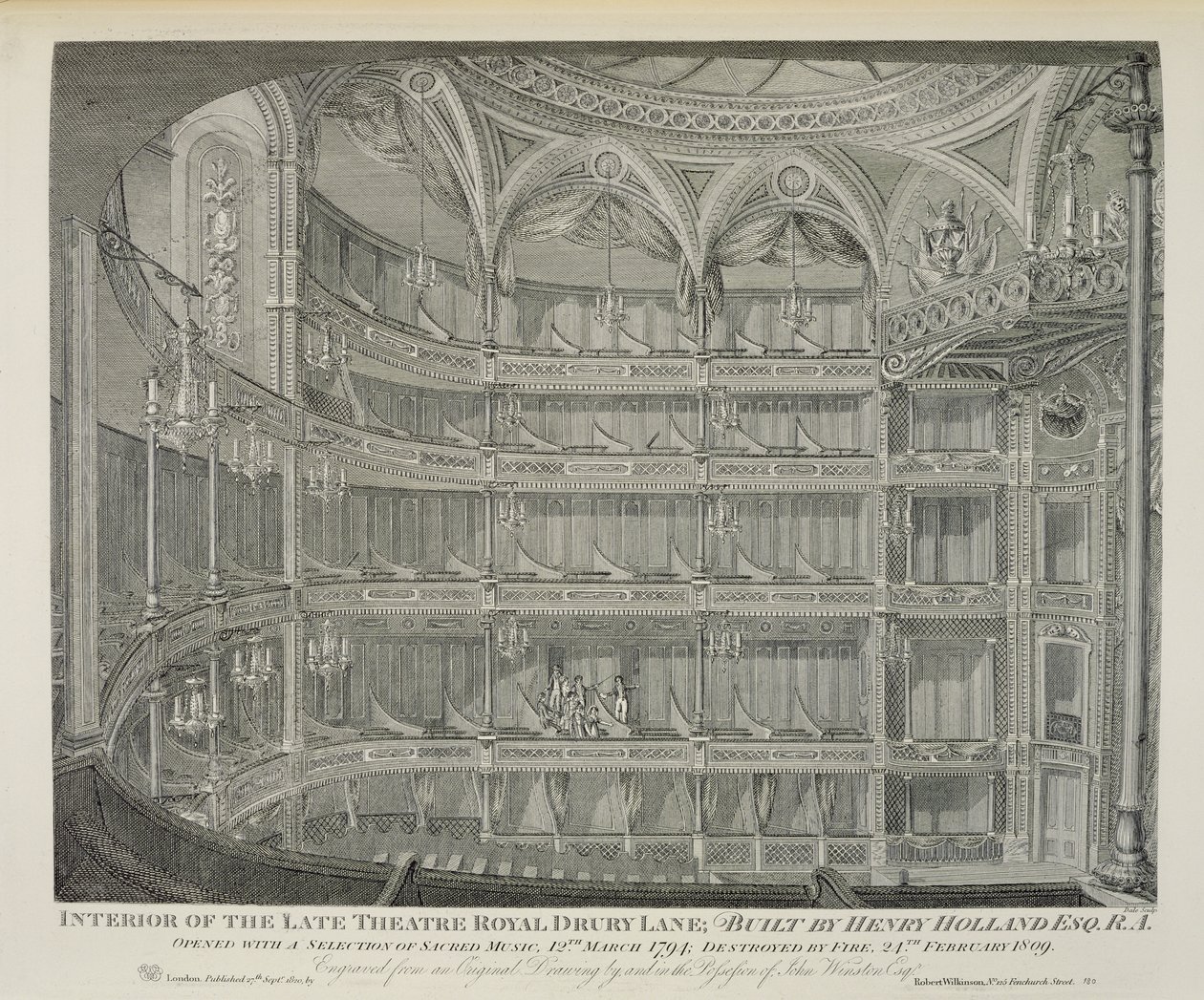 A londoni Drury Lane Late Theatre Royal belseje, Henry Holland építése, 1794, tűz pusztította el 1809-ben, metszet Dale, 1820 alkotó: John Winston