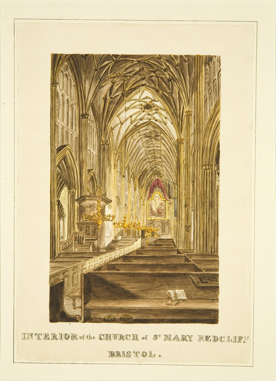 Kilátás a Center Aisle of St Mary Redcliffe-ről, keletre néz, a Hogarth-oltárképet mutatja, 1824 körül (ceruza és akvarell papíron) alkotó: John Withers