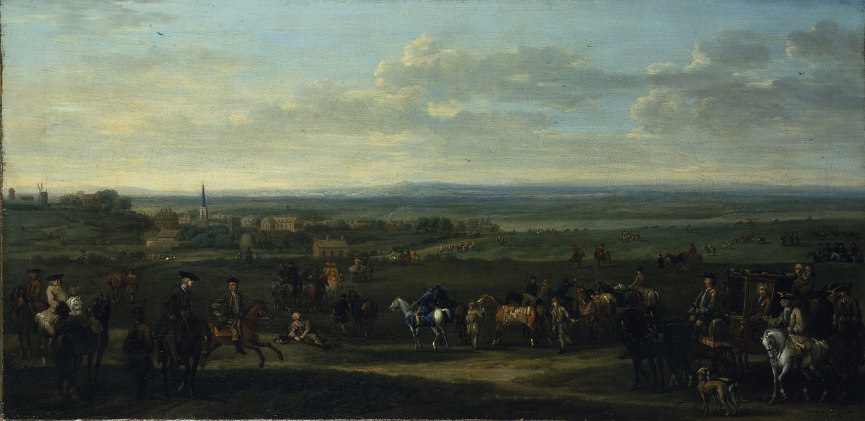 Kilátás az Old Newmarketre figurákkal és lovakkal a Heath-en (olaj, vászon) alkotó: John Wootton