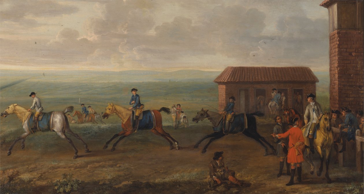 Lord Portmore versenylovakat néz a gyakorlaton a Newmarket Heath-en alkotó: John Wootton
