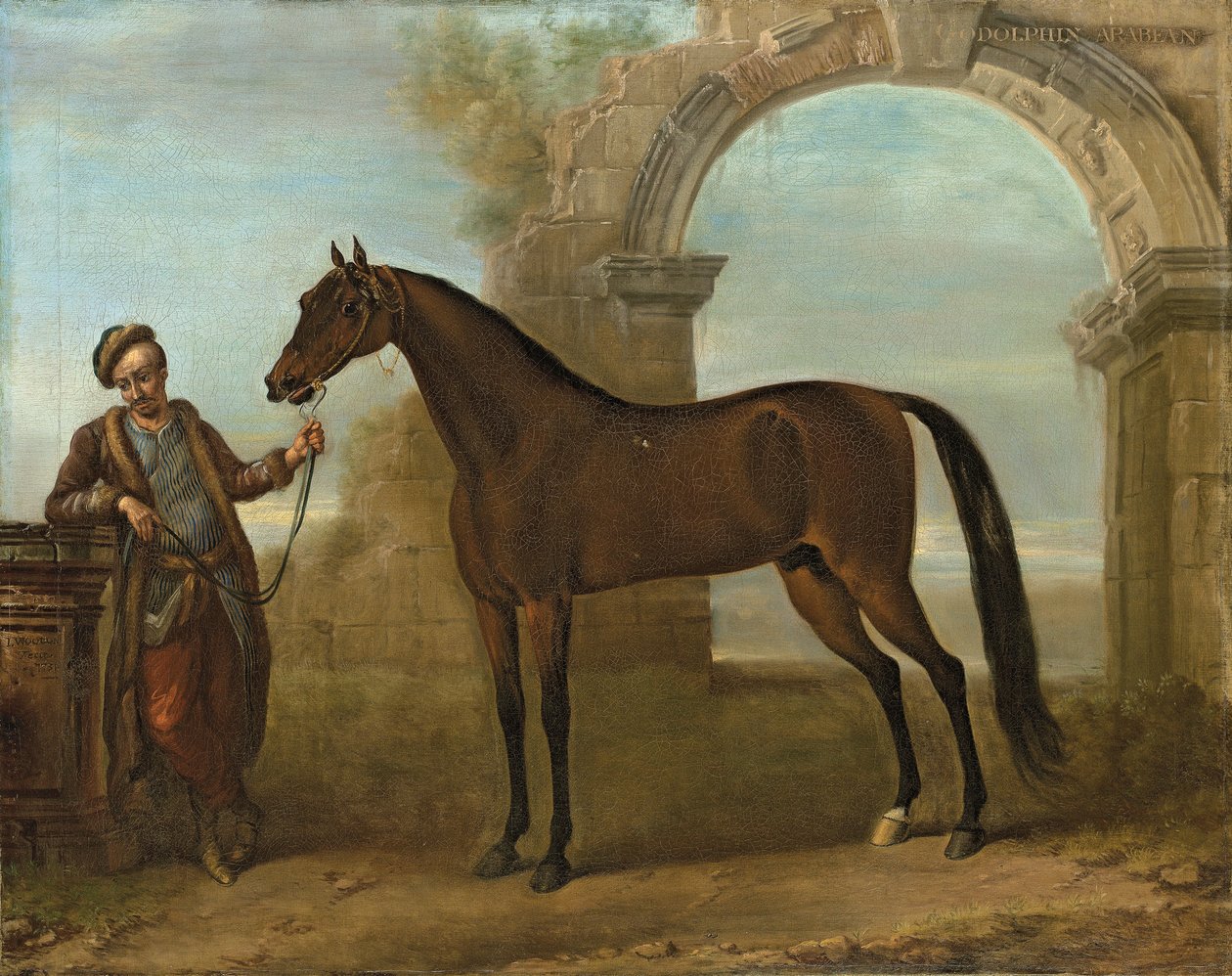 A Godolphin Arabien, egy vőlegény kezében, egy romos ívű tájon, 1731 alkotó: John Wootton