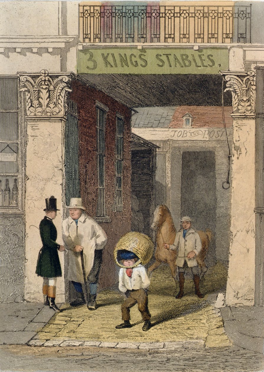 Clarendon-ház maradványai, Three Kings Livery Stables, Piccadilly, a „Vestiges of Old London”, 1851 (színes rézkarc) alkotó: John Wykeham Archer