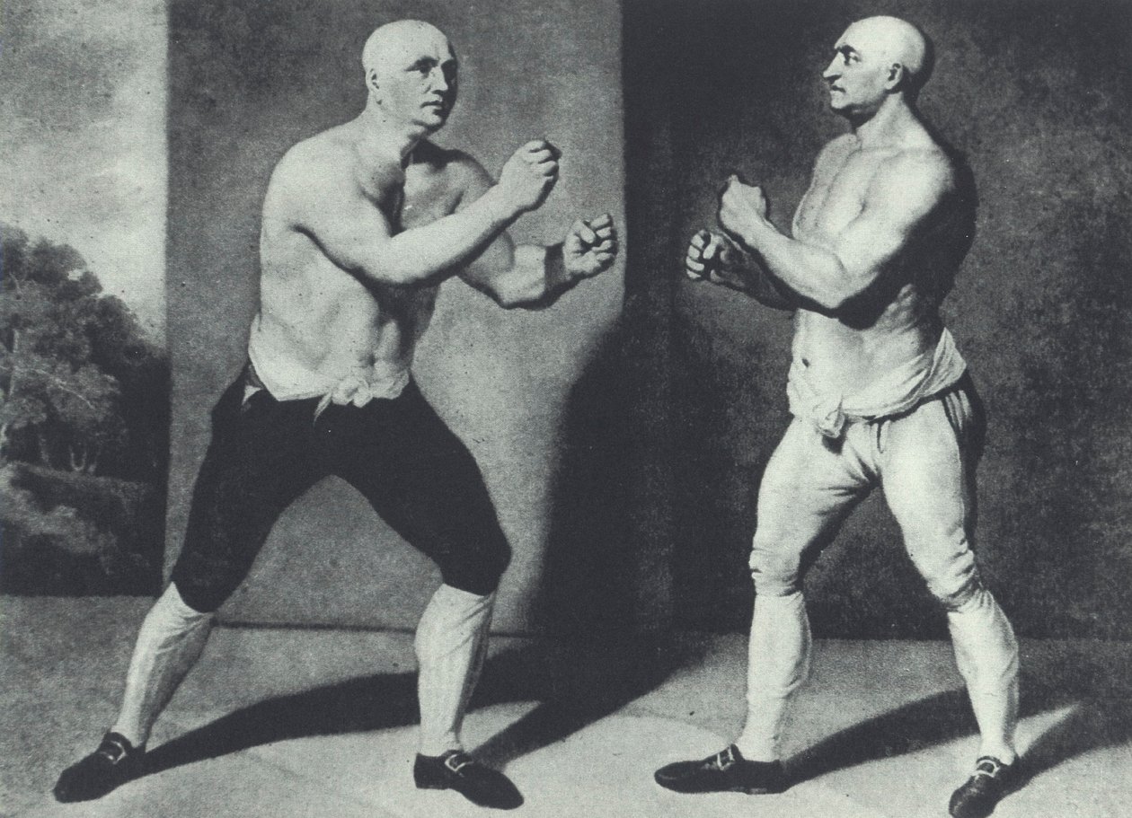 A korai brit meztelen bokszolók, John Broughton (balra) és George Stevenson 1741-ben harcolnak: Broughton feltalálta a bokszkesztyűt (mezzotint) alkotó: John Young