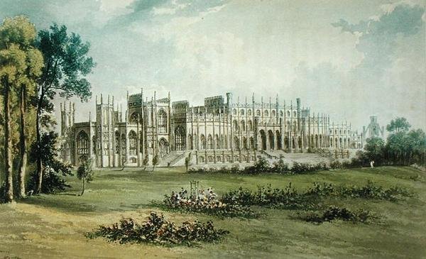 Eaton Hall, a kerti homlokzat nyugati része, Ackermanns Repository of Arts című, 1826 körül kiadott kiadványából (lásd még 182260). alkotó: John after Gendall