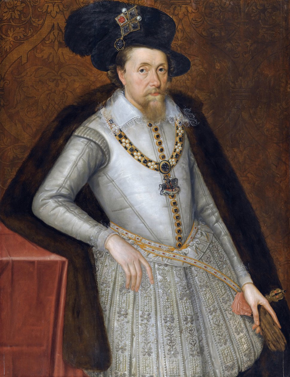 Jacques VI et Ier - Jacques Stuart - I. Jakab angol király (1566-1625) portréja, John De Critz (Decritz), az idősebb (1551/2-1642), 17. század eleje. - Olaj, fa alkotó: John de Critz