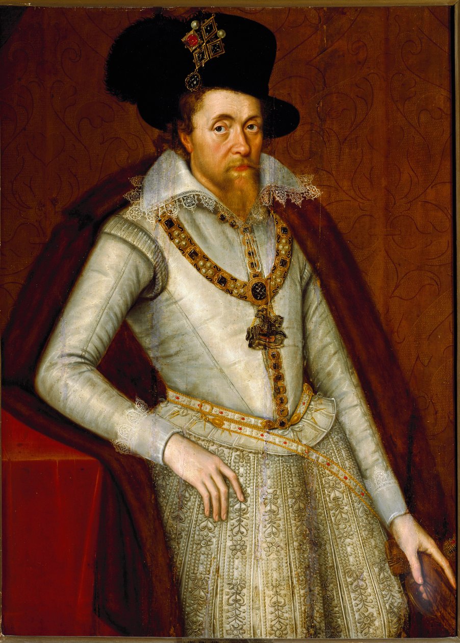 Az angol I. Jakab és VI. Skócia portréja, a Harisnyakötő Lovagrend lovagjai, 1610 körül (festmény) alkotó: John de Critz