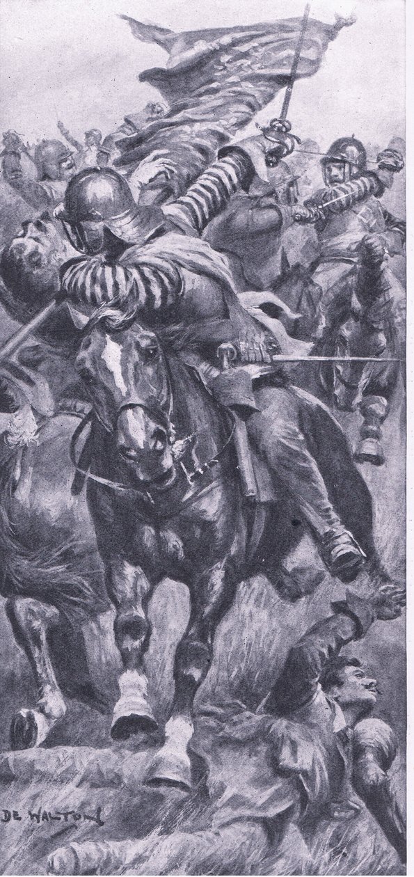 John Smith hadnagy visszafoglalja a király zászlóját Edgehillben, 1642. október 23., illusztráció a brit szárazföldi és tengeri csatákból, 1915 alkotó: John de Walton