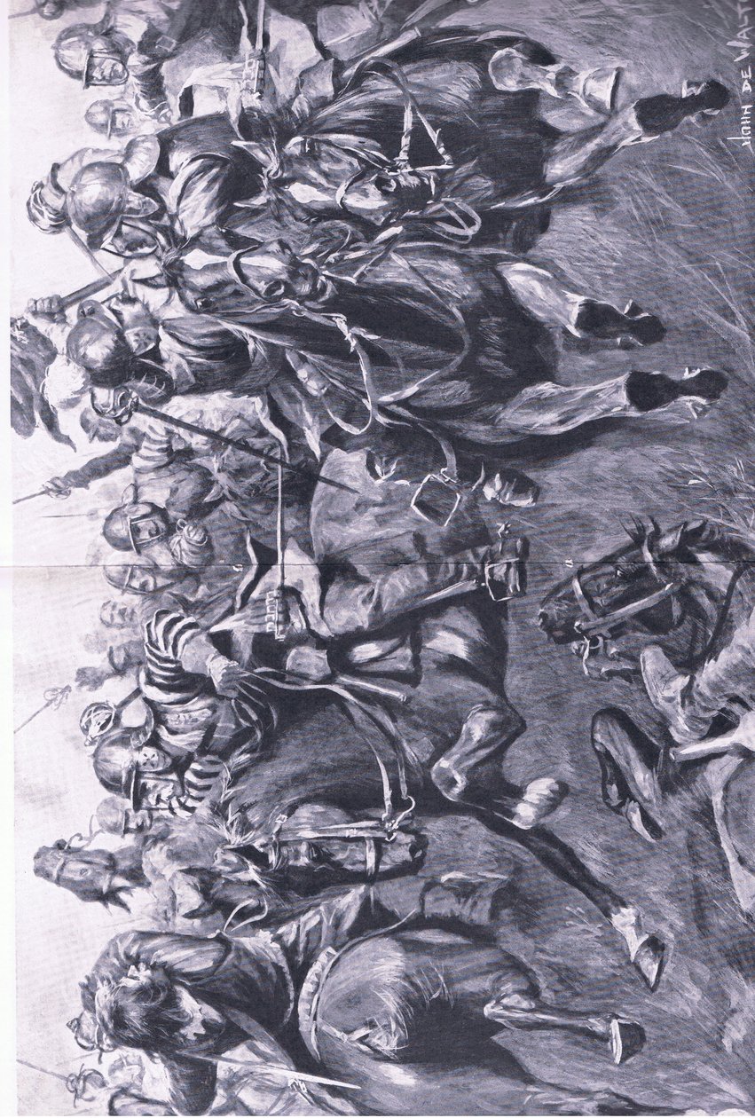 Marston Moor, 1644. július 2.: A skót lovasság Leslie vezetésével, Ruperts herceg szárnya ellen támadva, illusztráció a brit szárazföldi és tengeri csatákból, 1915 alkotó: John de Walton