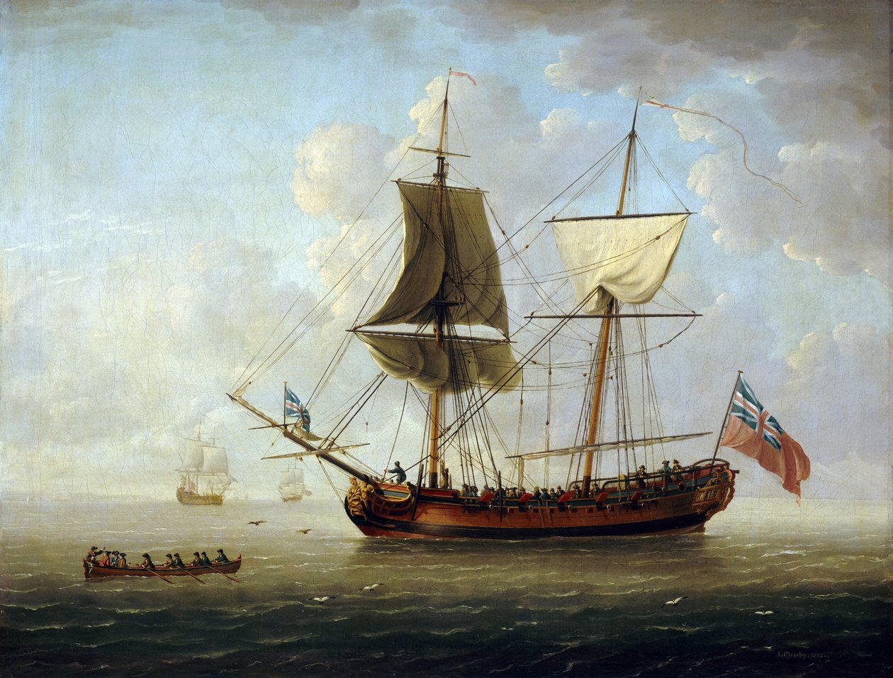 Egy brit brigantin, a vörös zászlóval és a Union Jackkel a nyílt tengeren, nyugodt tengeren. Olaj, vászon alkotó: John the Elder Cleveley