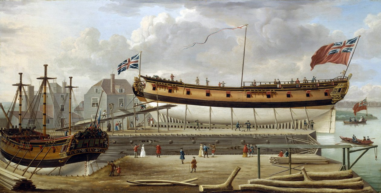 Egy hatodosztályú hajó (hatodosztályú), a brit királyi haditengerészet hadihajója, szárazdokkban, a hajógyár valószínűleg Rotherhite, a Temze déli partján (Anglia). alkotó: John the Elder Cleveley