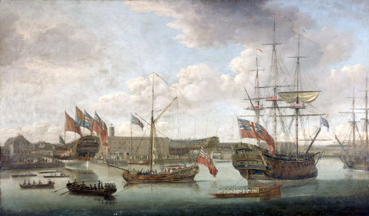 Fellövés a Deptford Dockyardban, 1750 körül alkotó: John the Elder Cleveley