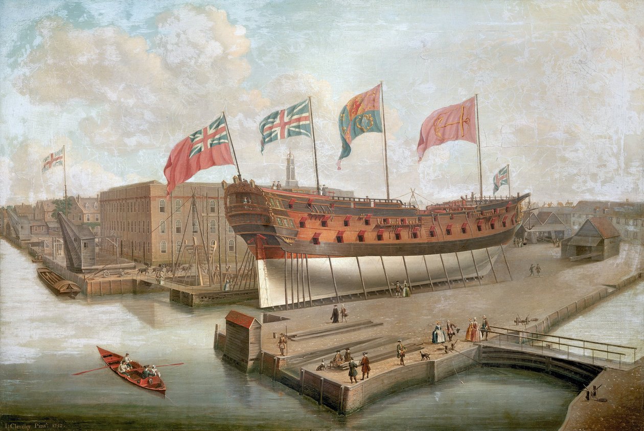 "A HMS "Buckingham" a dokkokban, a deptfordi (Anglia) Királyi Hajógyár fő raktára előtt. alkotó: John the Elder Cleveley
