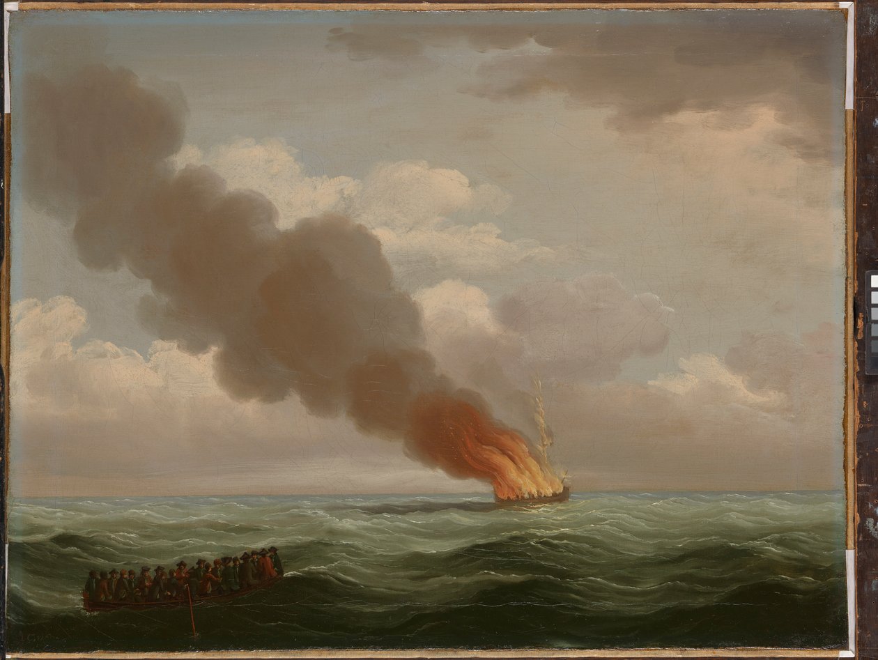 A "Luxborough Galley" majdnem teljesen leégett, 1727. június 25. alkotó: John the Elder Cleveley