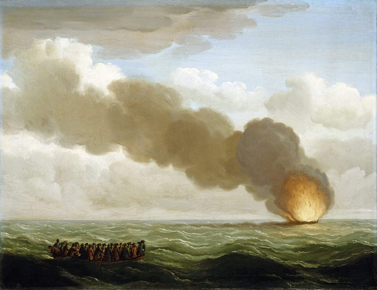 "A "Luxborough" gálya legénysége egy mentőcsónakban, amint égő hajójukat nézik, amint elsüllyed a nyílt tengeren 1727. június 25-én. alkotó: John the Elder Cleveley