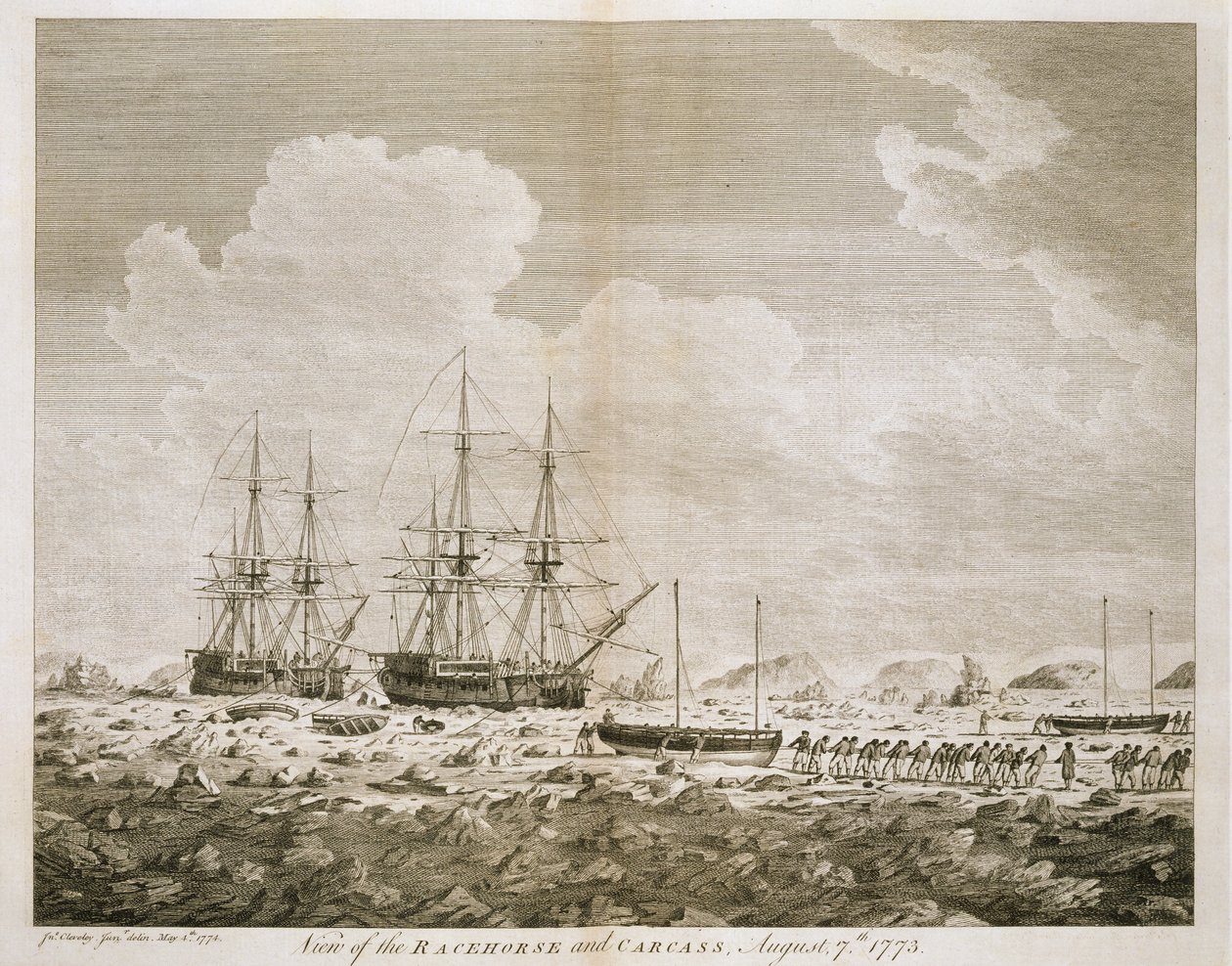 A „versenyló” és a „tetem” képe, 1773. augusztus 7., „Őfelsége parancsnoksága által vállalt utazás az Északi-sark felé 1773”, megjelent 1774. alkotó: John the Younger Cleveley