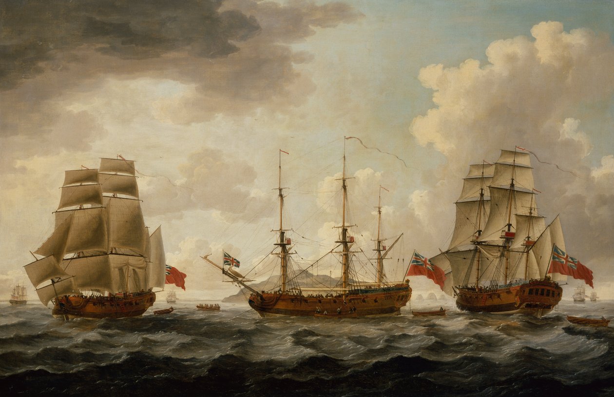 H.M.S. Tyrall három pozícióban Antigua mellett alkotó: John the Younger Cleveley