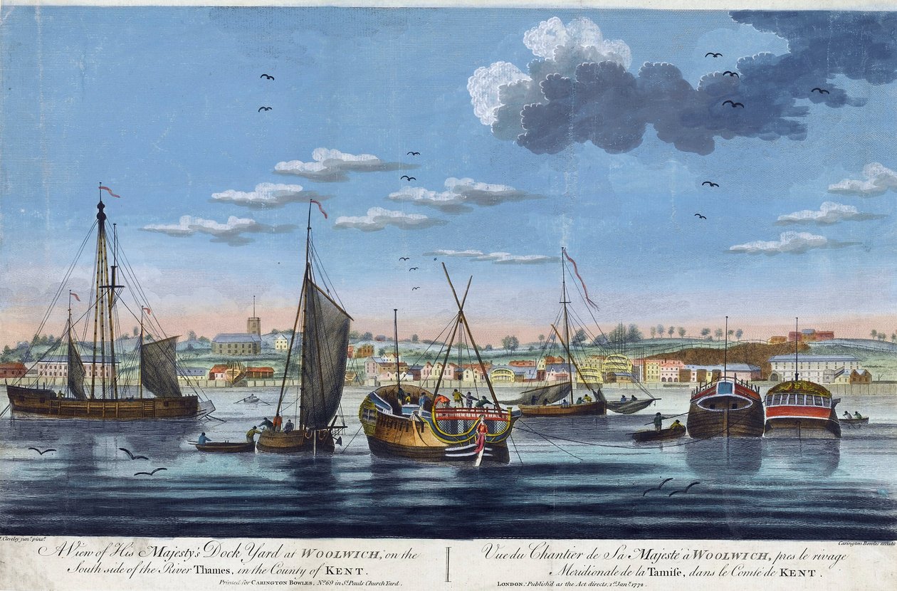 A királyi dokkok látképe Woolwichban, a Temze bal partján (Anglia), Kent megyében. John Clevely the Younger (1747-1786) színes metszete. alkotó: John the Younger Cleveley