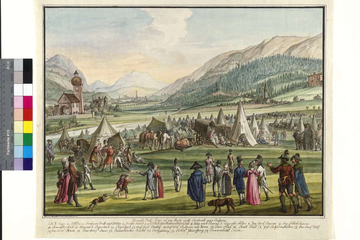 Császári orosz tábor a Neurauth-on Innsbrucknál 1799 (akvarell) alkotó: Jokob Placidus Altmutter